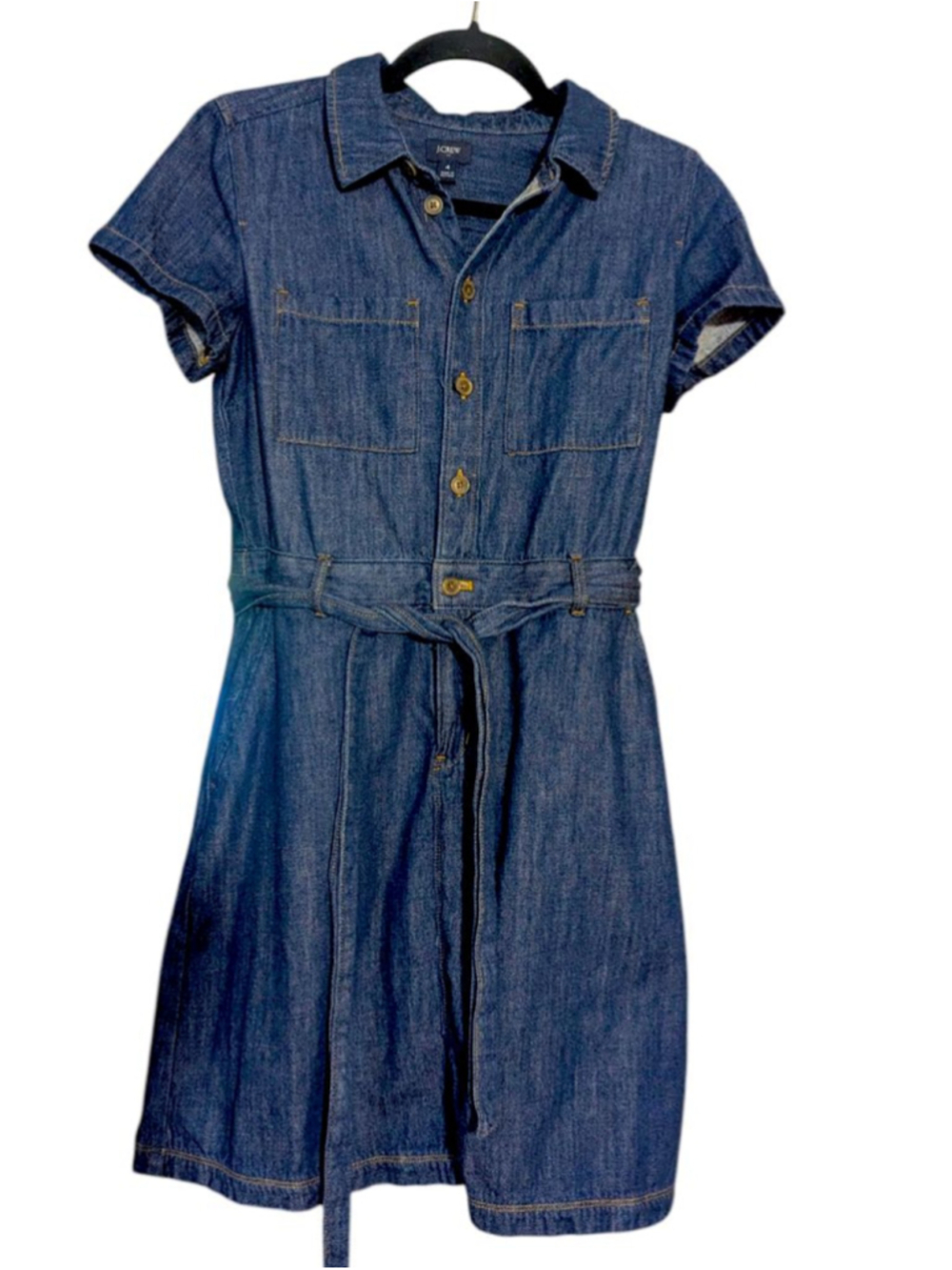J. Crew Factory Denim Utility Dress Short Sleeve w/Tie + Button Front Size 4 - Picture 2 of 13